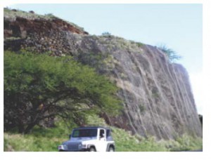 Netting holding back the lava rock on Maui's Honoapi'ilani Highway, (Route 30).